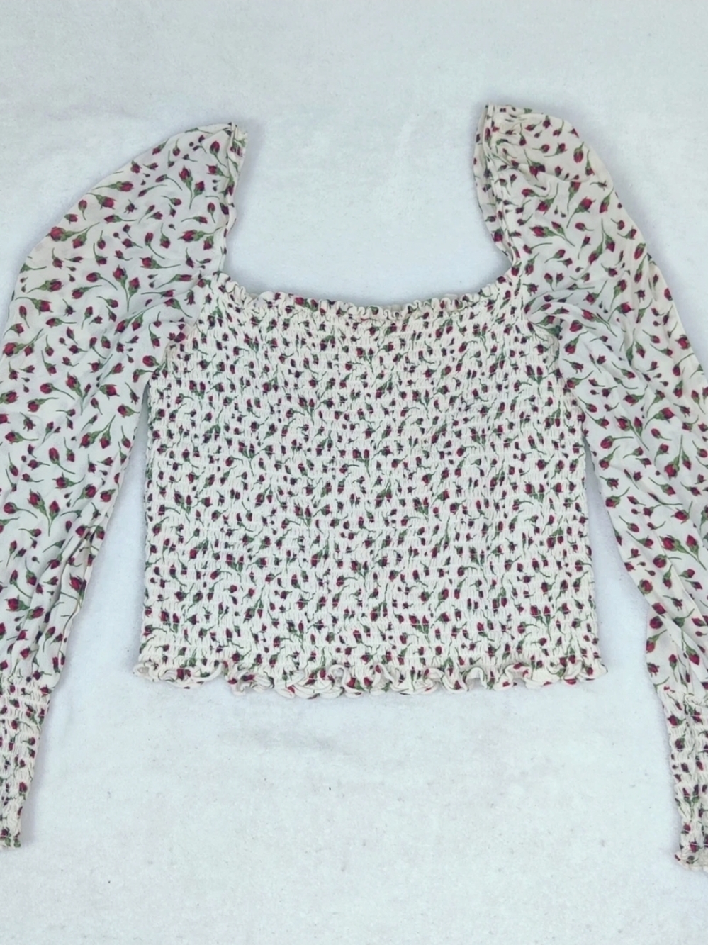 Reformation Cream Smocked Crop Top with Pink Floral Tulip Print